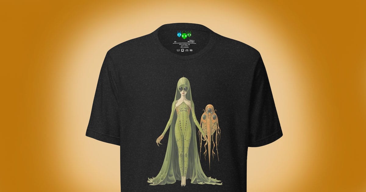 T-shirt featuring a green alien lady in an elegant gown with her alien pet.