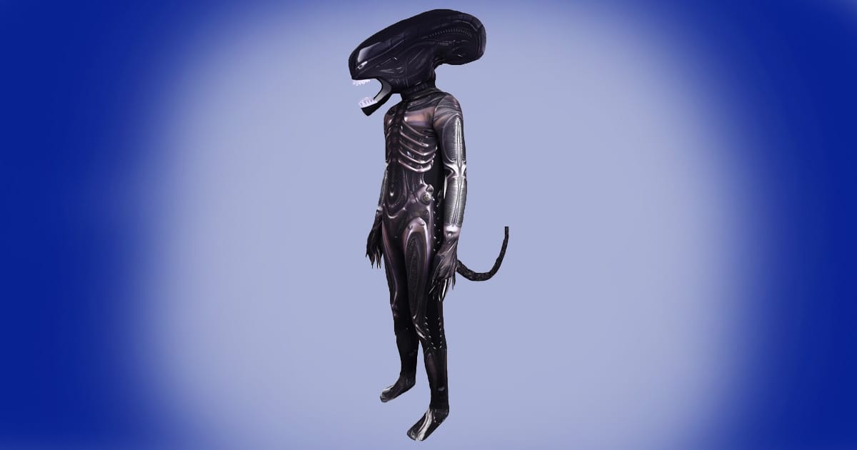 Men’s Alien Xenomorph costume with biomechanical jumpsuit, elongated head, sharp teeth, and tail.
