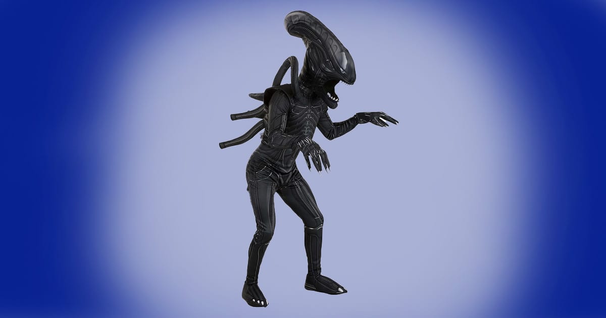 Adult Alien Xenomorph costume with black biomechanical bodysuit, elongated head, claws, and tail.