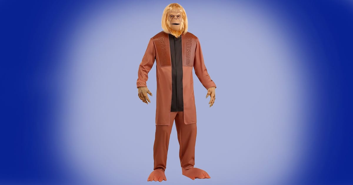 Dr. Zaius costume from Planet of the Apes with mask, gloves, long coat, and shoe covers.