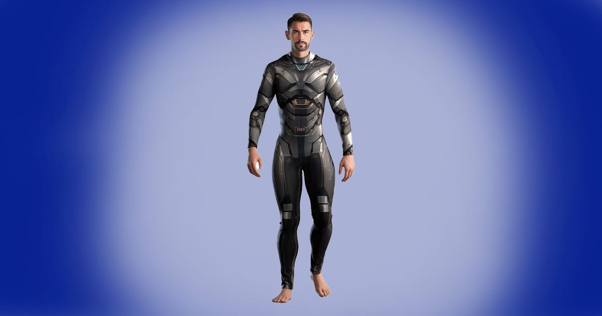 Men’s robot bodysuit costume with black futuristic armor print, superhero cyborg cosplay outfit.