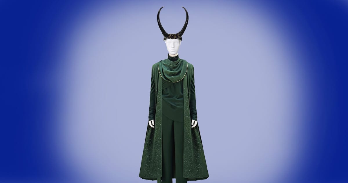 Loki cosplay costume with green cape, detailed robes, and horned headpiece from sci-fi TV series.