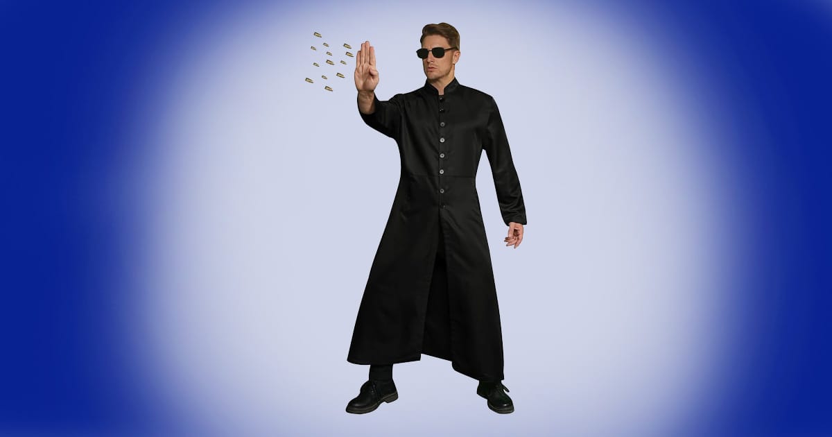 Neo-inspired Matrix costume with black buttoned trench coat and sunglasses for Halloween cosplay.