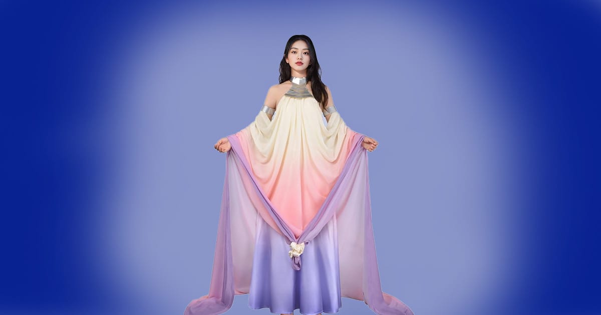 Padmé Amidala cosplay dress with ivory, pink, and violet layers and silver neckpiece.