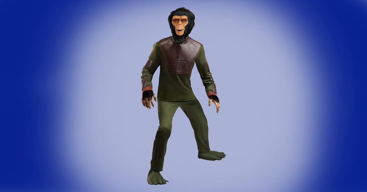 Dr. Cornelius costume from Planet of the Apes with green outfit, latex mask, gloves, and shoe covers.
