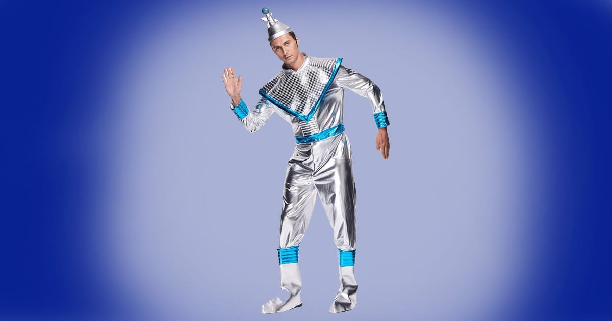 Retro space alien robot costume with metallic silver suit, blue accents, and pointed antenna hat.