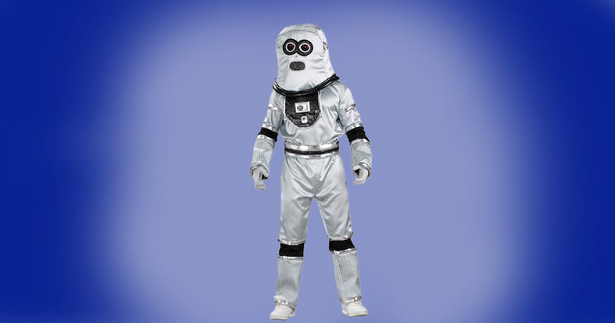 Silver robot costume with padded jumpsuit, spiral antenna helmet, and black trim accents.