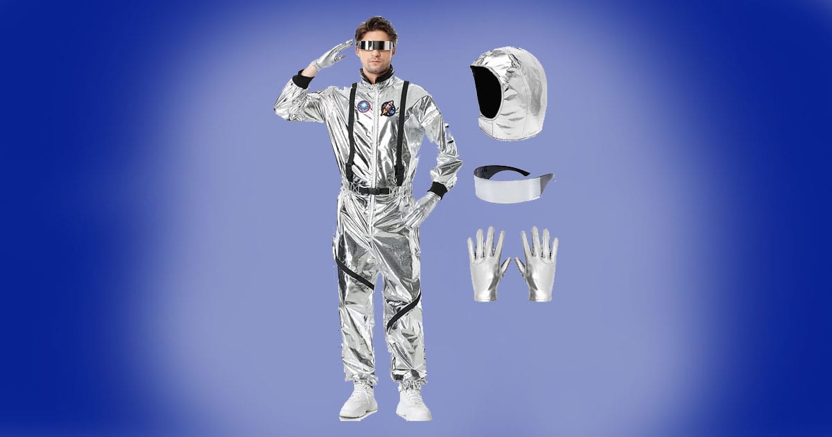 Adult astronaut costume with metallic silver jumpsuit, helmet, gloves, and futuristic sunglasses.