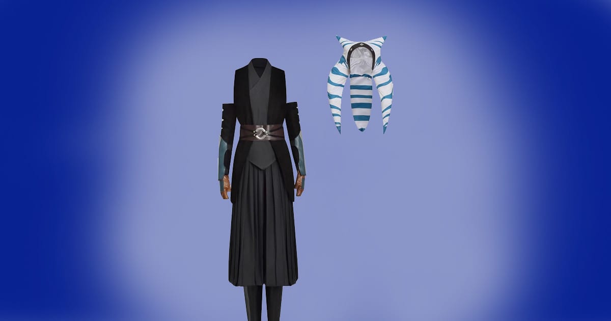 Adult Tano cosplay costume with black layered outfit, belt, armor details, and striped headpiece.