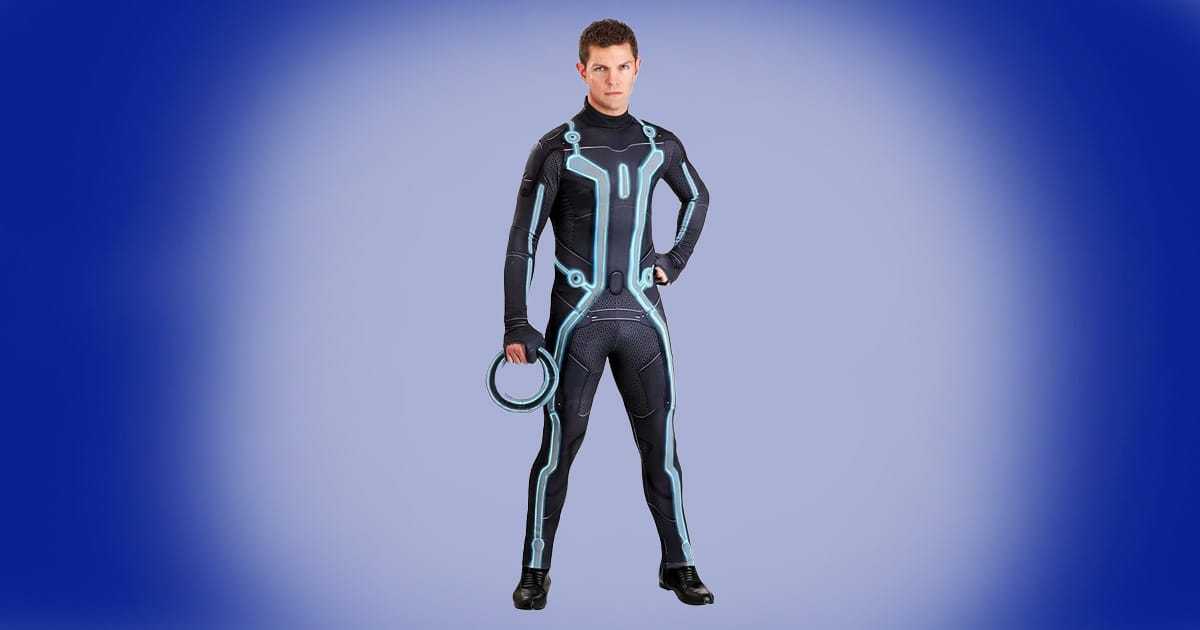 Tron adult costume with black jumpsuit, blue circuit patterns, gloves, and identity disc accessory.