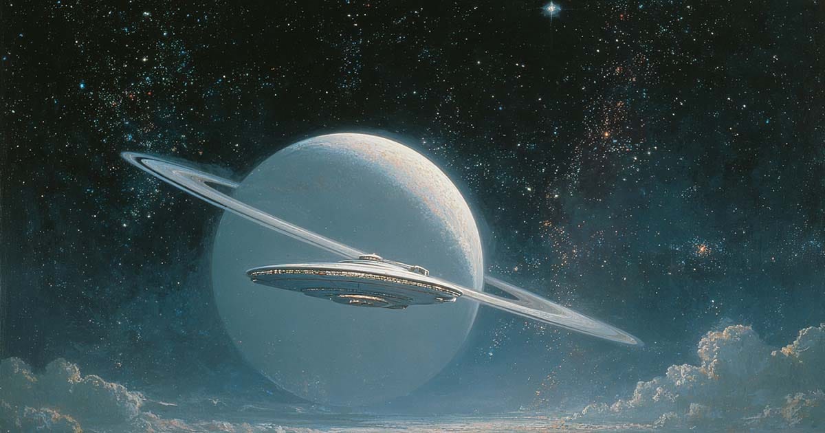 Chesley Bonestell style retro sci-fi painting of a silver saucer-shaped starship drifting through space near a massive ringed planet with a backdrop of stars.