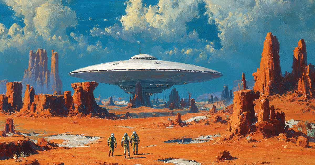 Retro Chesley Bonestell style painting of a saucer-shaped spaceship landed on a rocky alien desert, with astronauts in 1960s style suits exploring the landscape.