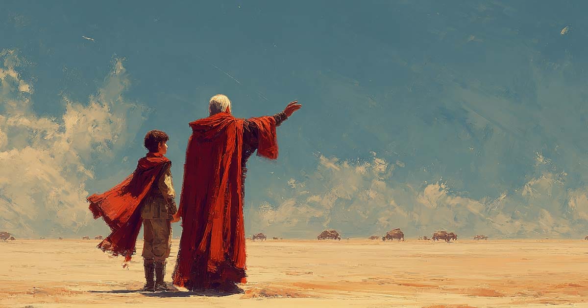 An older cloaked man gestures across the desert as a young boy stands beside him, both wearing red cloaks, painted in an atmospheric sci-fi style.