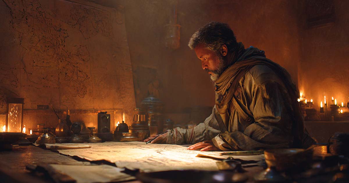 A man in desert robes leans over a war table covered in maps, lit by flickering candlelight in a dim Arrakeen room.