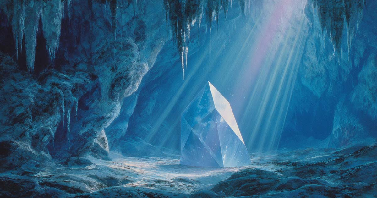 Glowing kyber crystal illuminated by light beams in a Star Wars cave, representing Jedi connection to the Force.