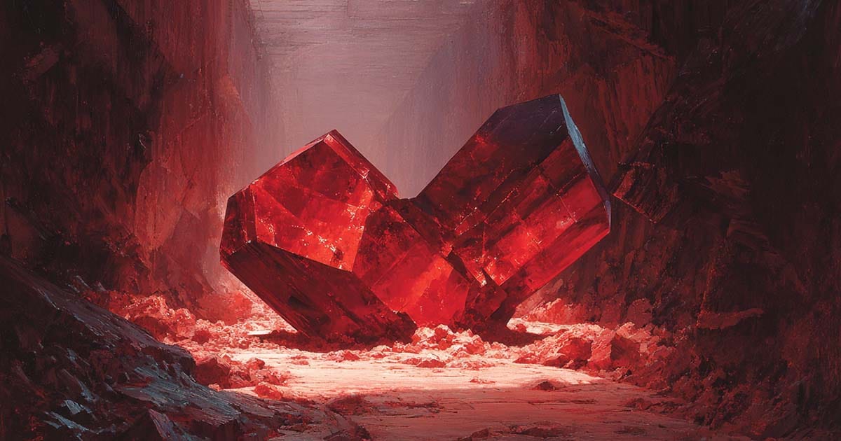 Red kyber crystals glowing in a dark cave, Sith corrupted stones from Star Wars.