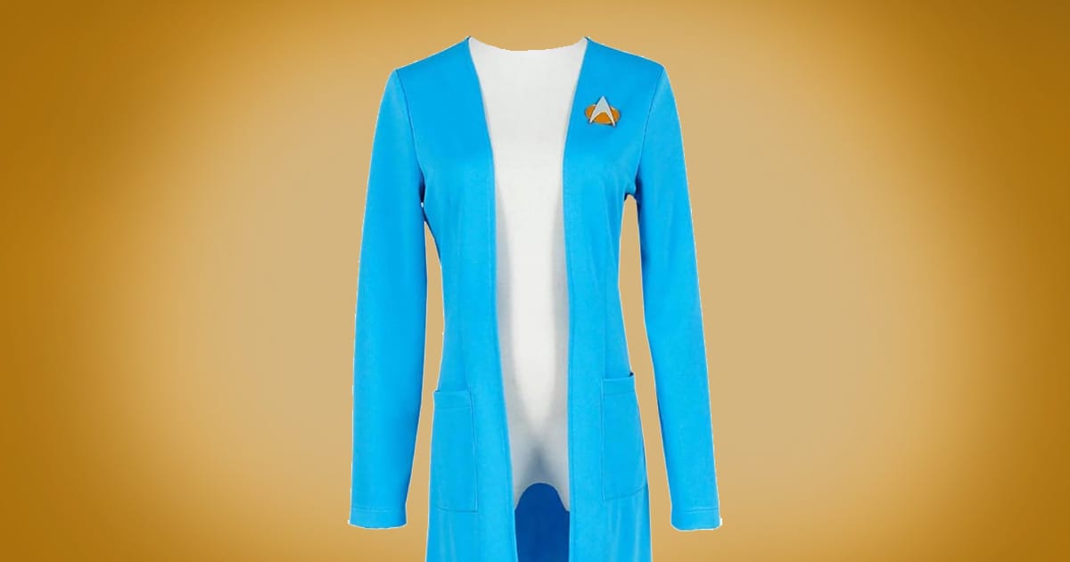 "Star Trek The Next Generation" Beverly Crusher medical officer blue trench coat costume.