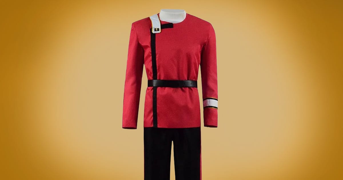 "Star Trek The Wrath of Khan" red Starfleet officer uniform costume with black pants and belt.