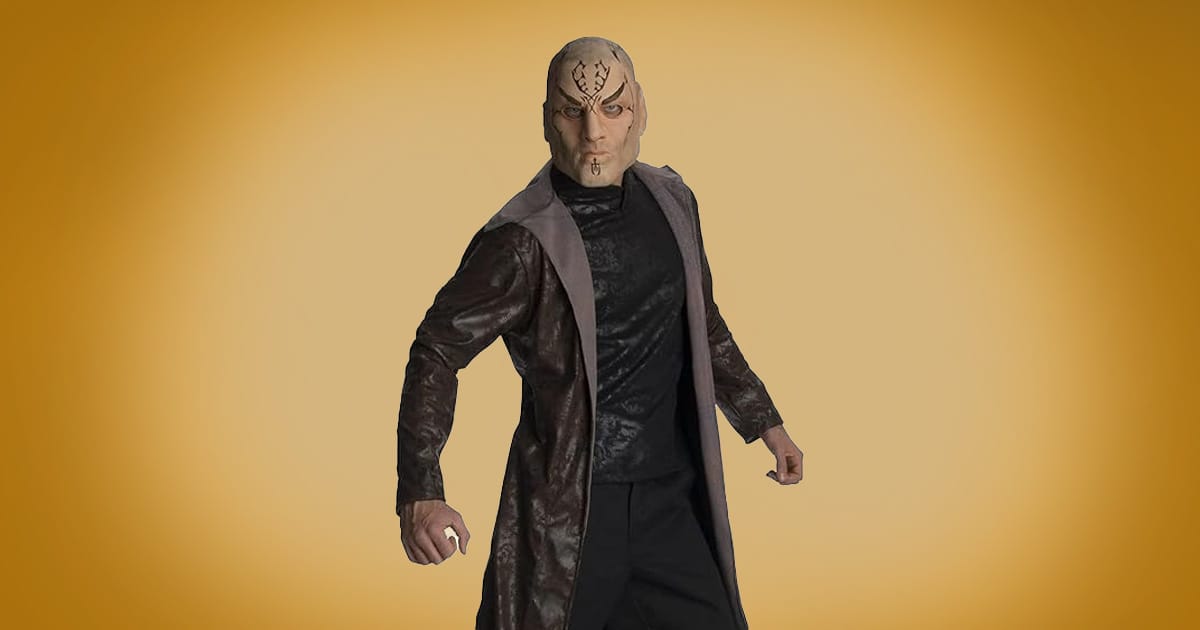 "Star Trek" Nero adult deluxe costume with trench coat and villain mask.
