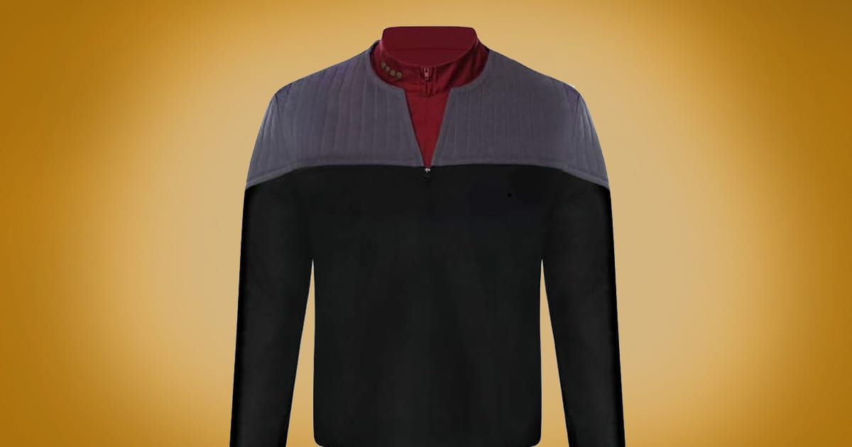 "Star Trek Nemesis" Captain Picard cosplay jacket black and gray with red undershirt.