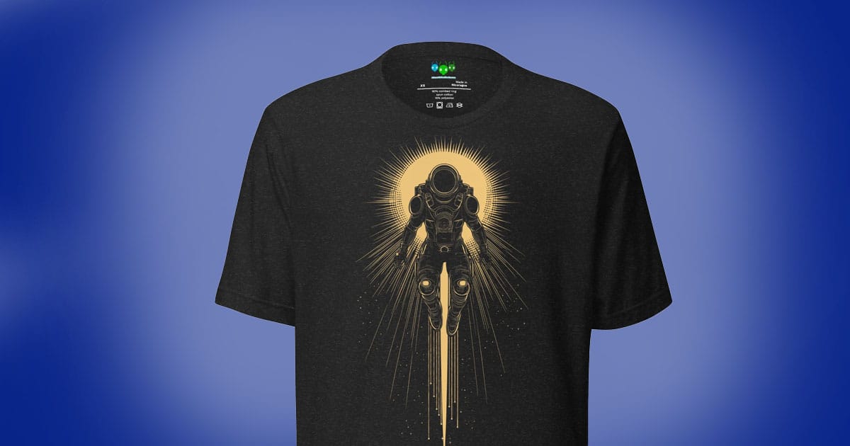 Black T-shirt featuring a golden astronaut figure with radiant light, evoking a science fiction hero.
