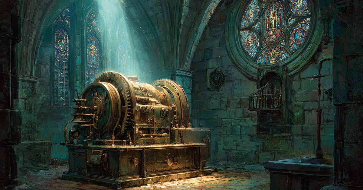 Ancient machine glowing under stained glass in a gothic hall, symbol of technology disguised as miracle in "Gather, Darkness!"