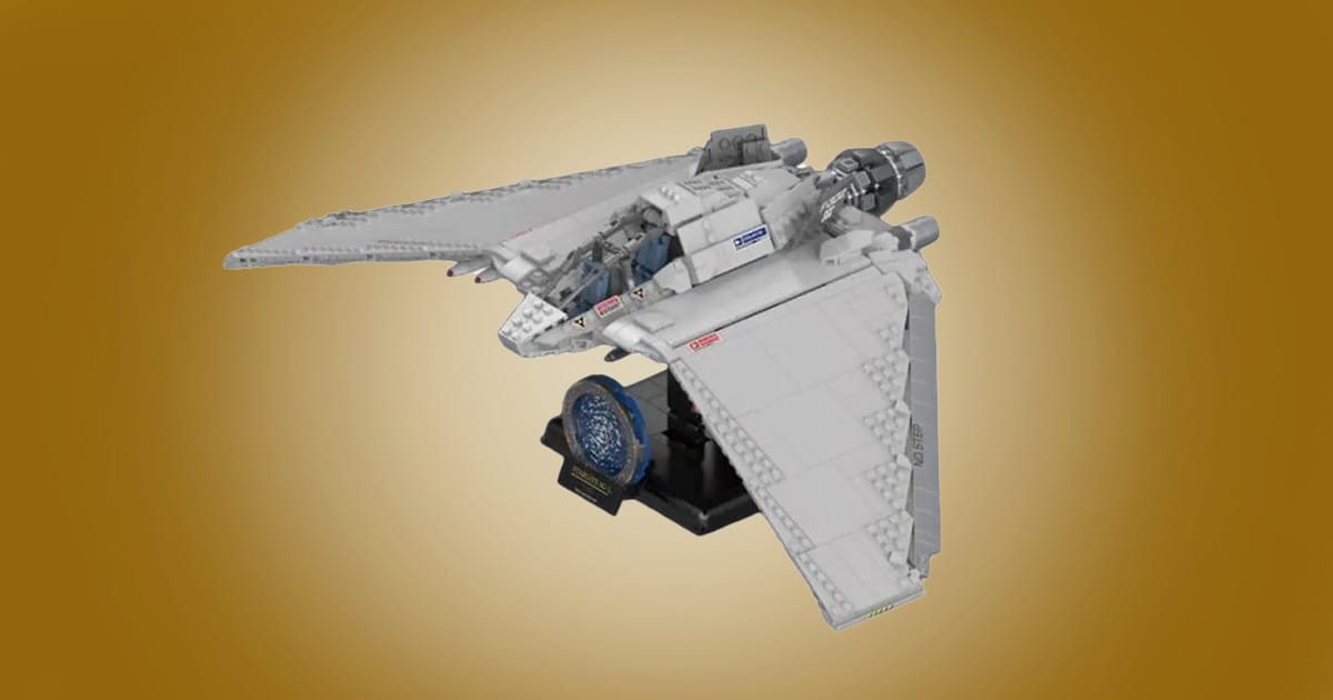 Stargate F-302 building block model spacecraft collectible with display stand.