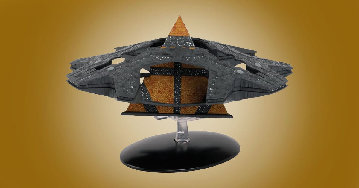 Stargate Goa’uld Ha’tak mothership replica model collectible on display stand.