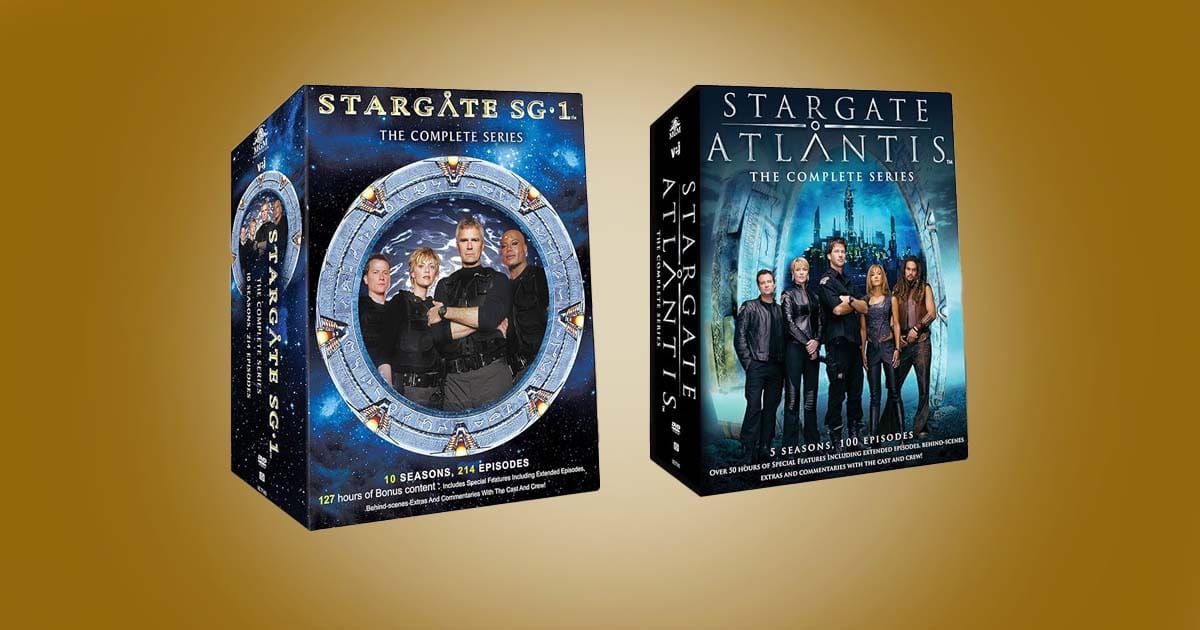 Stargate SG-1 and Stargate Atlantis complete series DVD box set bundle with full seasons and episodes.