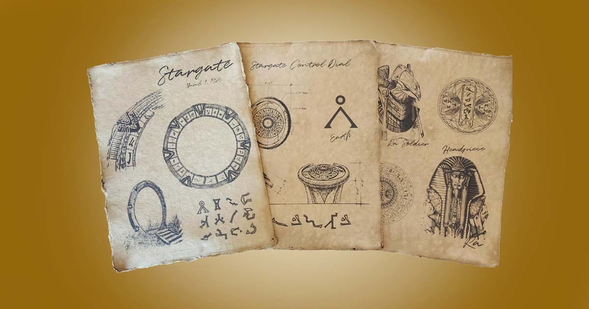 Stargate SG-1 aged sketchbook poster pages vintage wall art prop set with symbols and drawings.