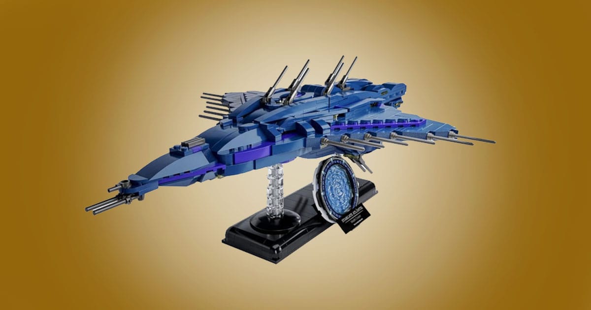 Stargate Atlantis Wraith Cruiser building block model spaceship collectible with display stand.