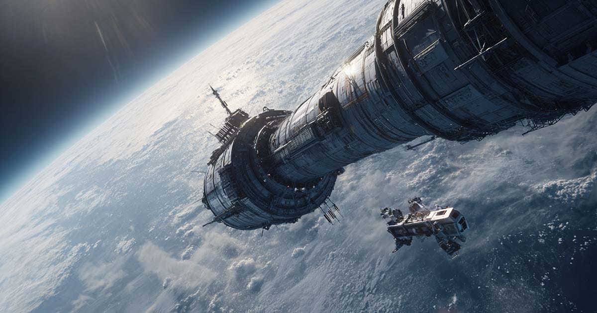 A spacecraft drifts toward an immense cylindrical alien vessel in deep space.