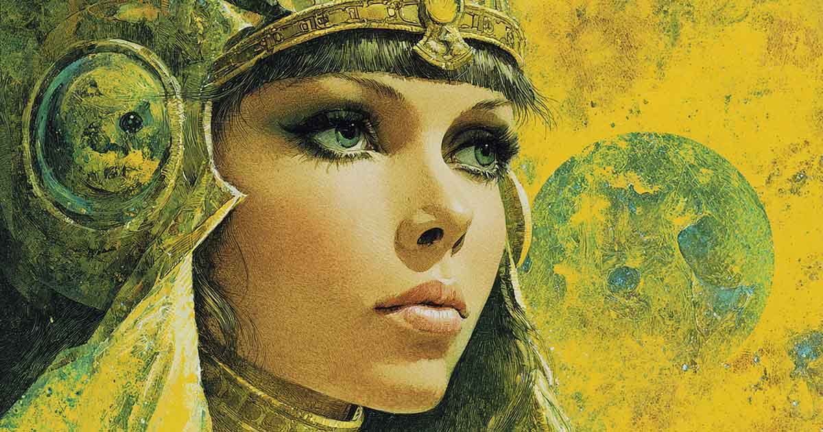 A science fiction princess in the style of a 1970s dune.