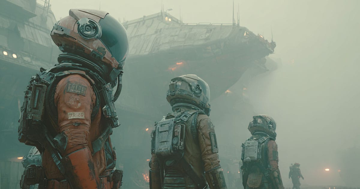 Worn soldiers stand before a decaying starship surrounded by thick acid mist.