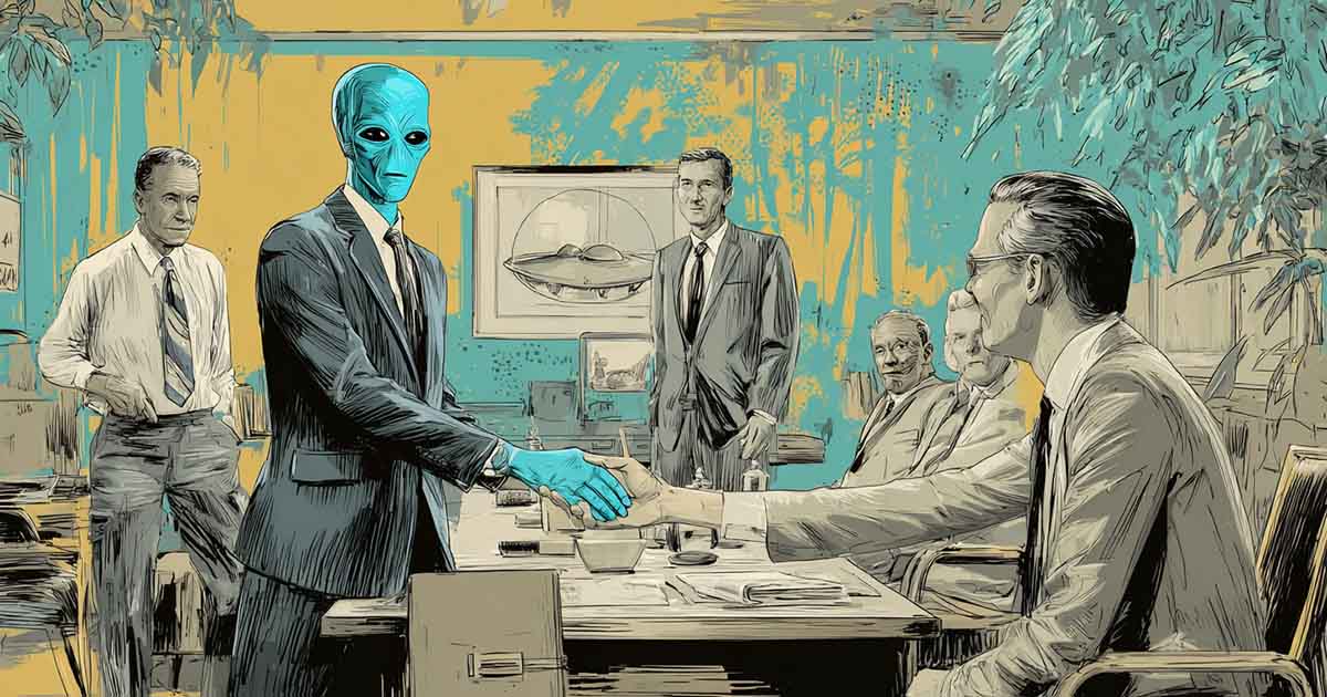 Alien envoy in formal suit greets government officials in a 1950s office.