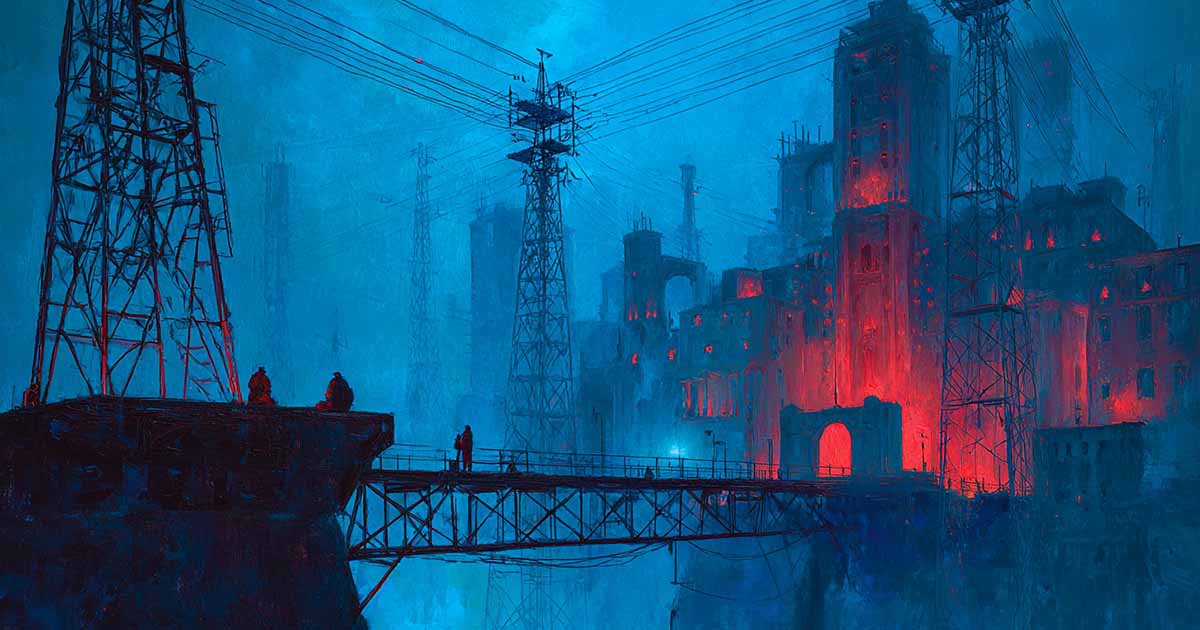 A dark industrial city bathed in red and blue light, alive with electric energy.