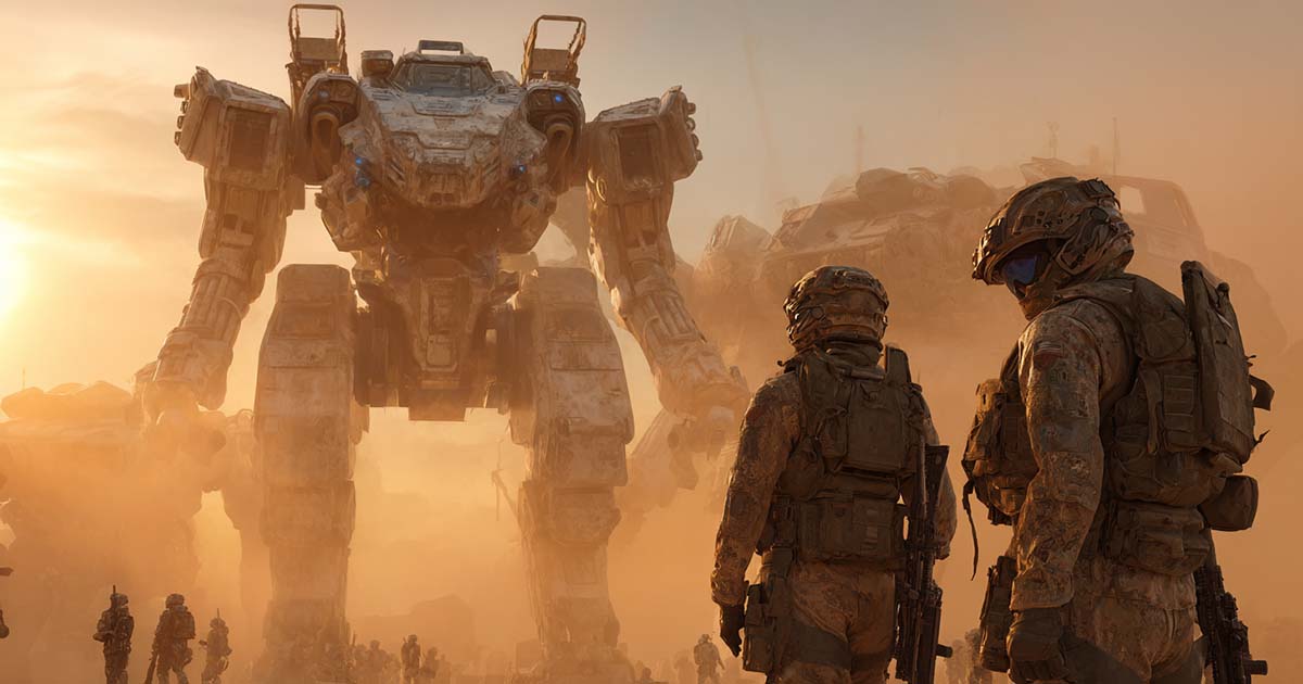 Soldiers stand near towering battle mechs under a dark alien sky.