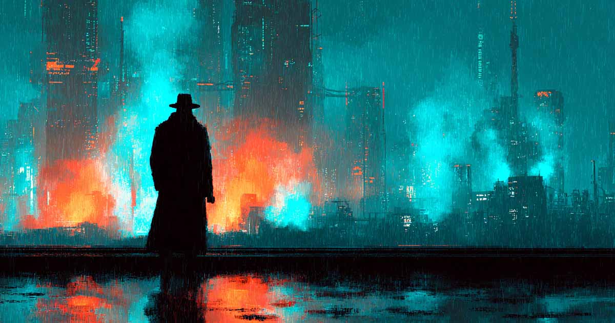 Figure in a trench coat stands before glowing data towers in a neon-lit city.