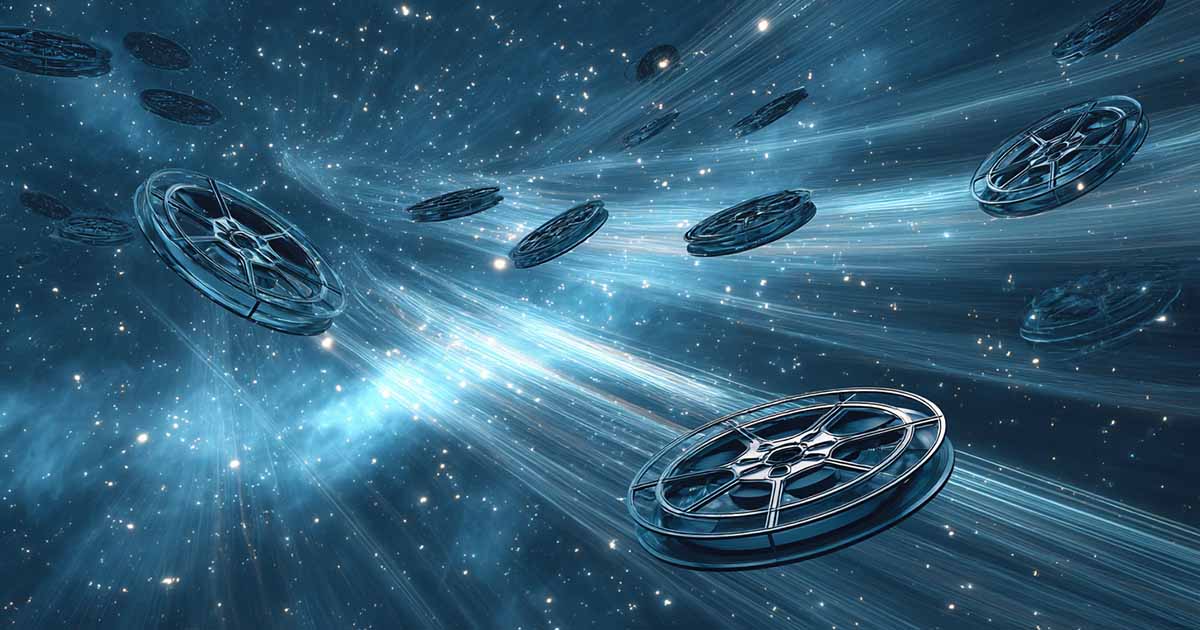 Floating film reels emit soft light as they drift through a field of distant stars.