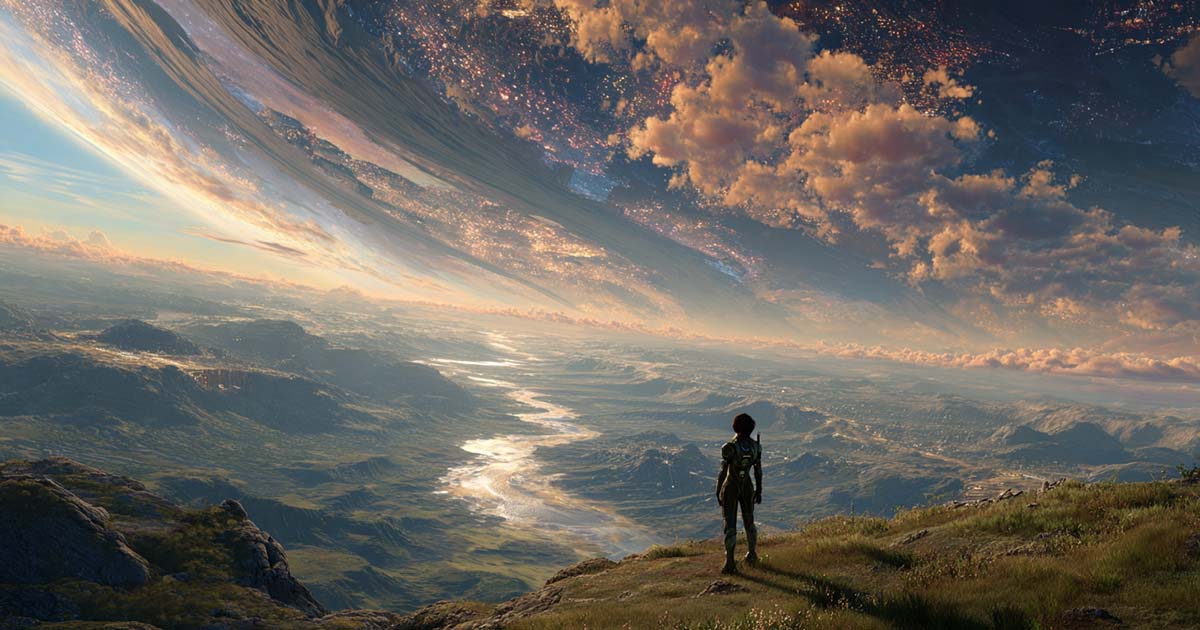 Teela Brown stands on a vast alien plain inside Ringworld, where the horizon bends upward toward the sky.