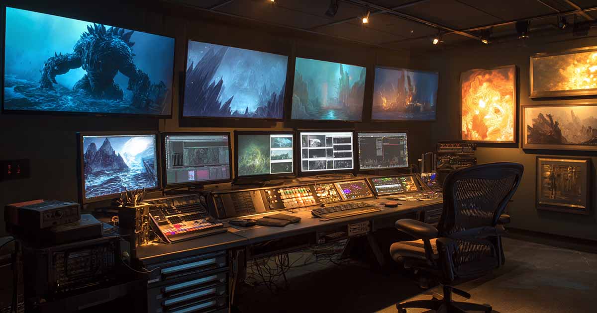 Animation studio filled with giant robot concept designs glowing on screens.