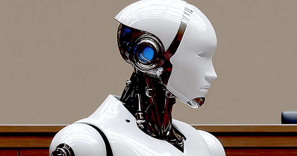 Futuristic courtroom scene with humanoid robots standing before a human judge