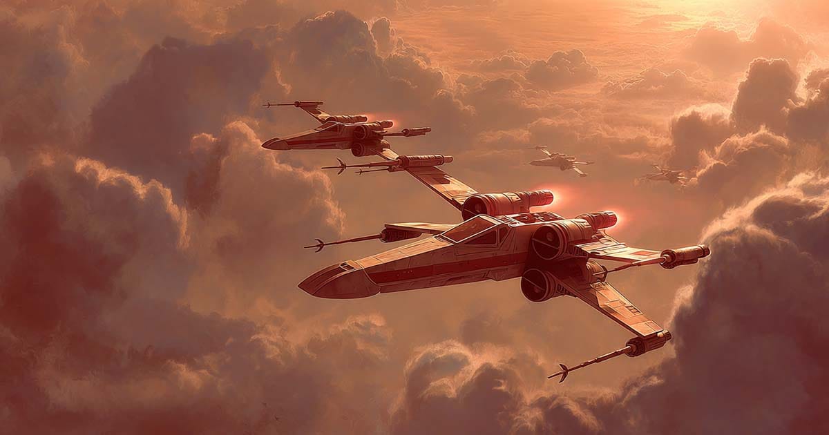 Squadron of starfighters soars through sunlight-cut clouds over a planet.