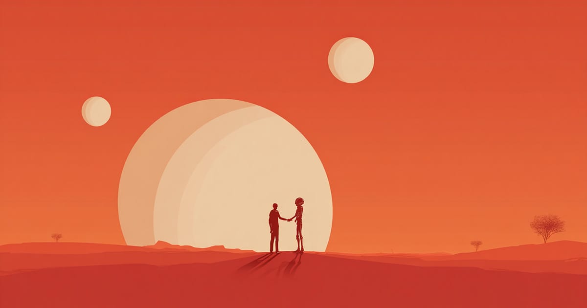 Human explorer greets Martian figure under orange skies and twin moons.
