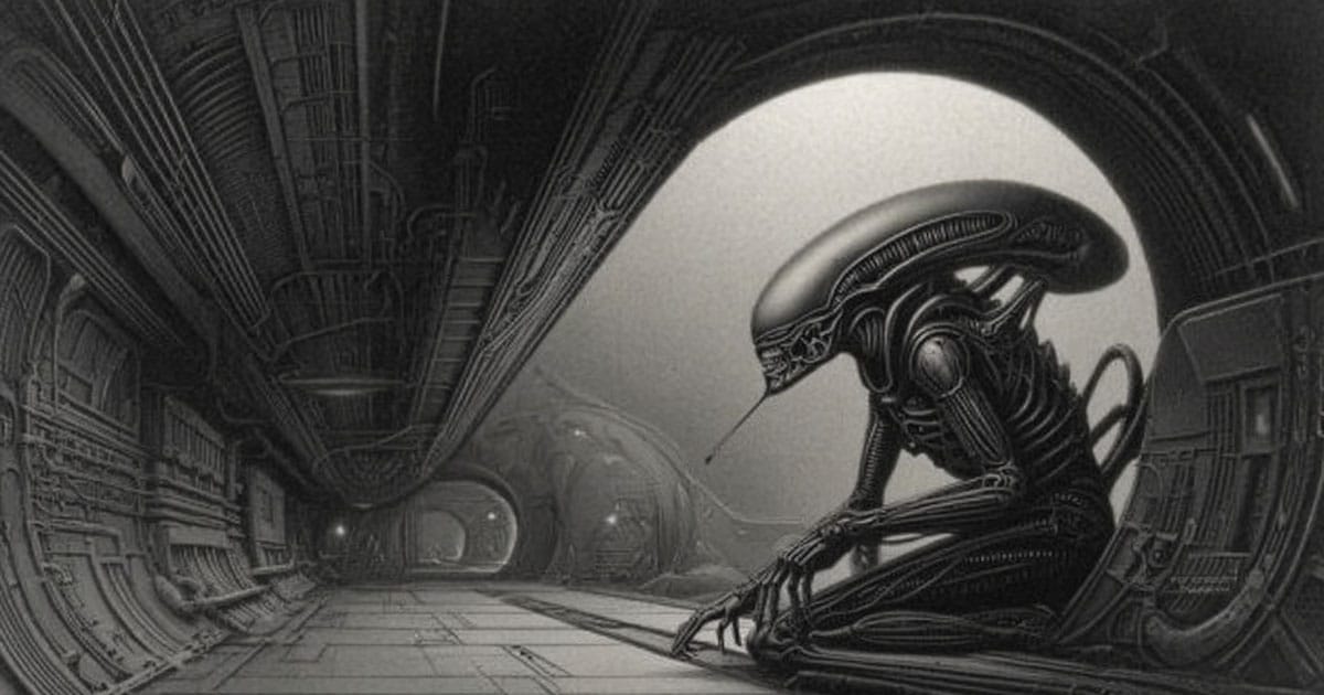 Dim corridor on a space station with a shadowy alien form in the mist.