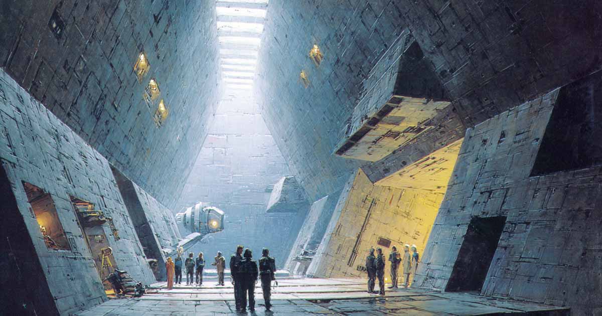 Human explorers inside a massive geometric chamber of an alien spacecraft, illuminated by cold light, inspired by “Rendezvous with Rama.”