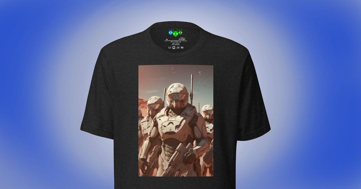 Troopers on Mars science fiction t-shirt with futuristic soldiers on a Martian landscape