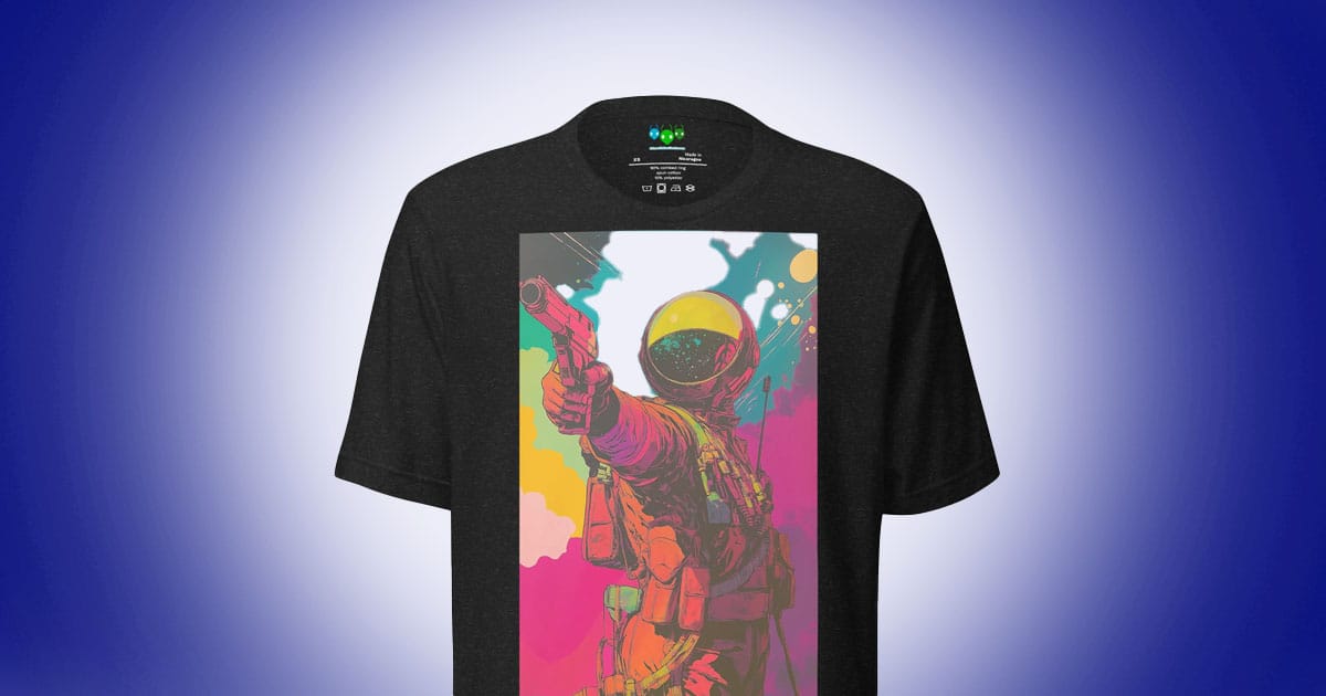 Graphic T-shirt showing a space soldier in a vivid cosmic battle scene holding a plasma pistol