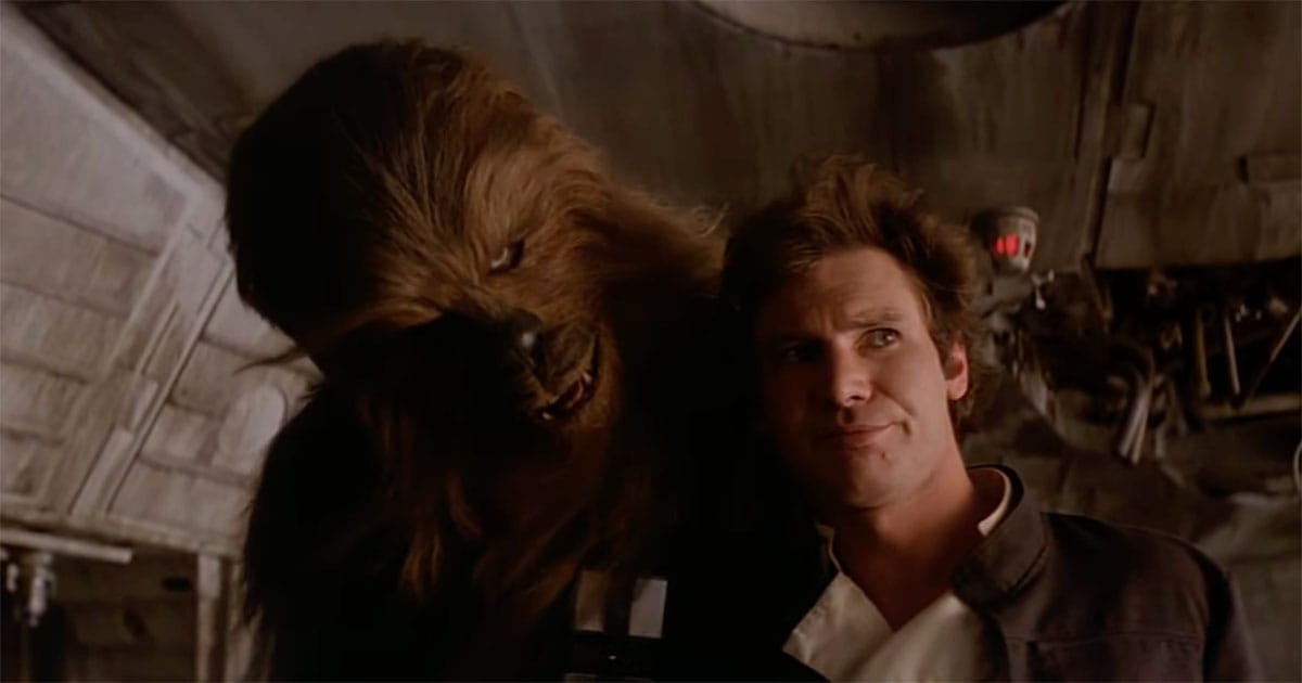 Han Solo stands beside Chewbacca inside the Millennium Falcon, their expressions reflecting trust and teamwork.