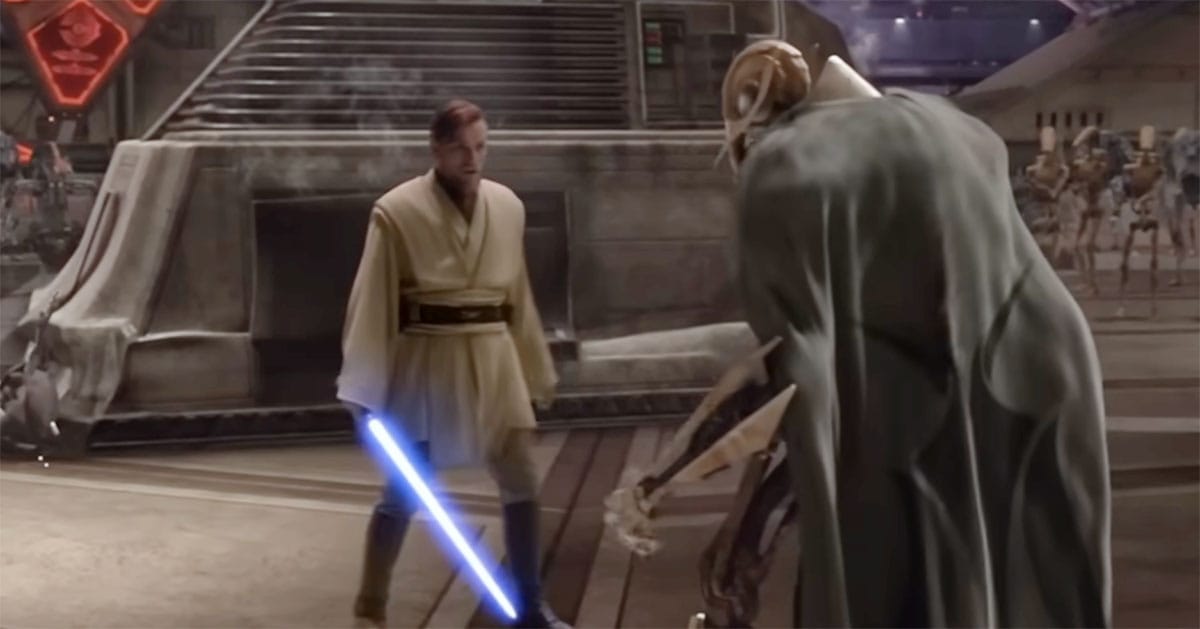 Jedi Knight holding a blue lightsaber facing an enemy, showing the meaning and symbolism of blue lightsaber color in Star Wars.